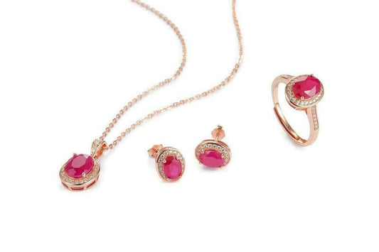 Bieauli Necklace, Ring & Earrings Set Rose Gold & Ruby Earrings, Necklace and Ring Set - July Birthstone