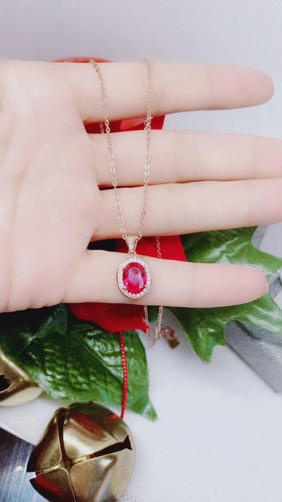 Bieauli Necklace Rose Gold & Ruby Necklace with Oval Pendant