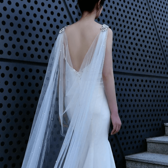 Bieauli  Pearl & Rhinestone Wedding Cape Veil, Bridal Cape Veil