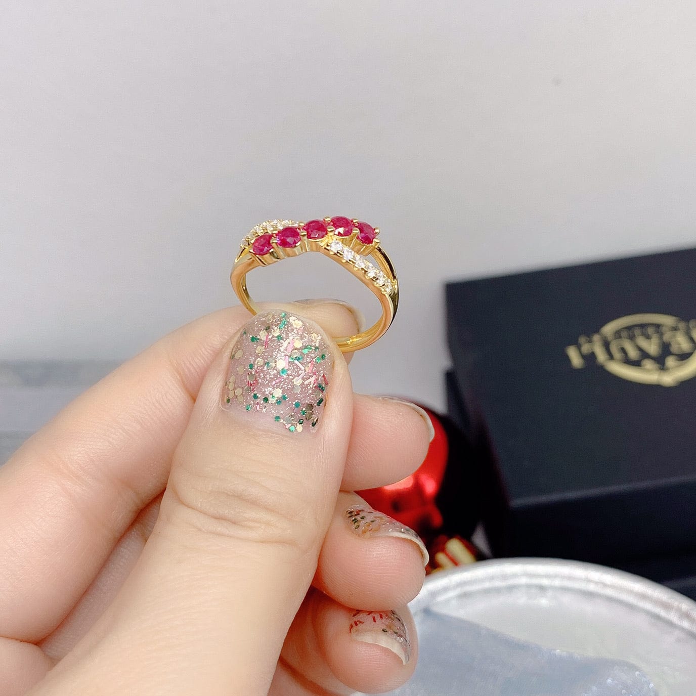 Bieauli Ring Gold-Plated Ruby & Zirconia Ring