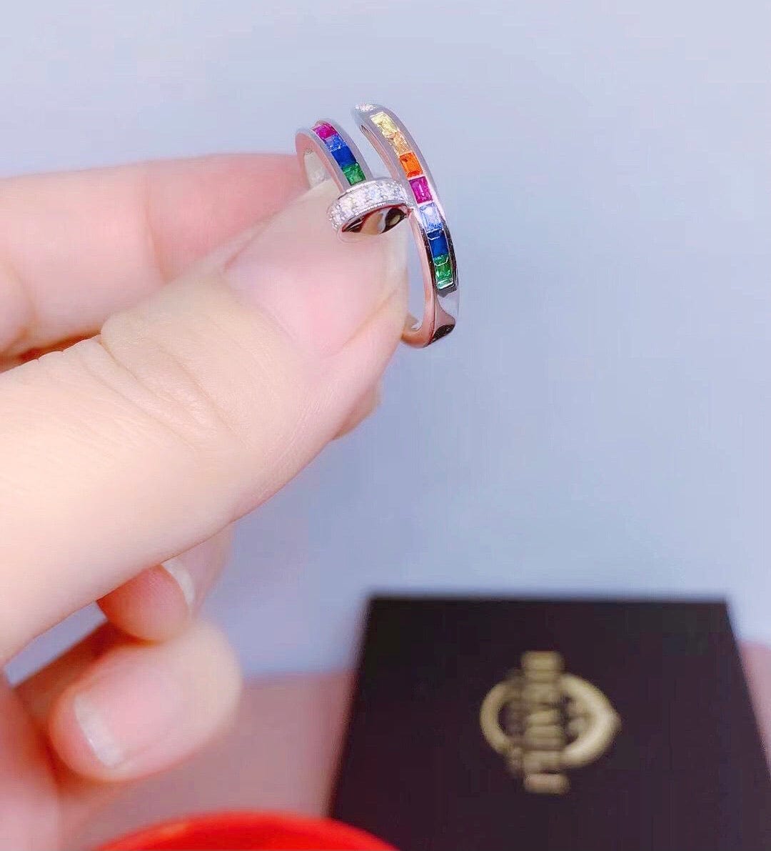 Bieauli Ring Rainbow Ring, sterling silver spiral nail ring, multicoloured stones, best friends ring