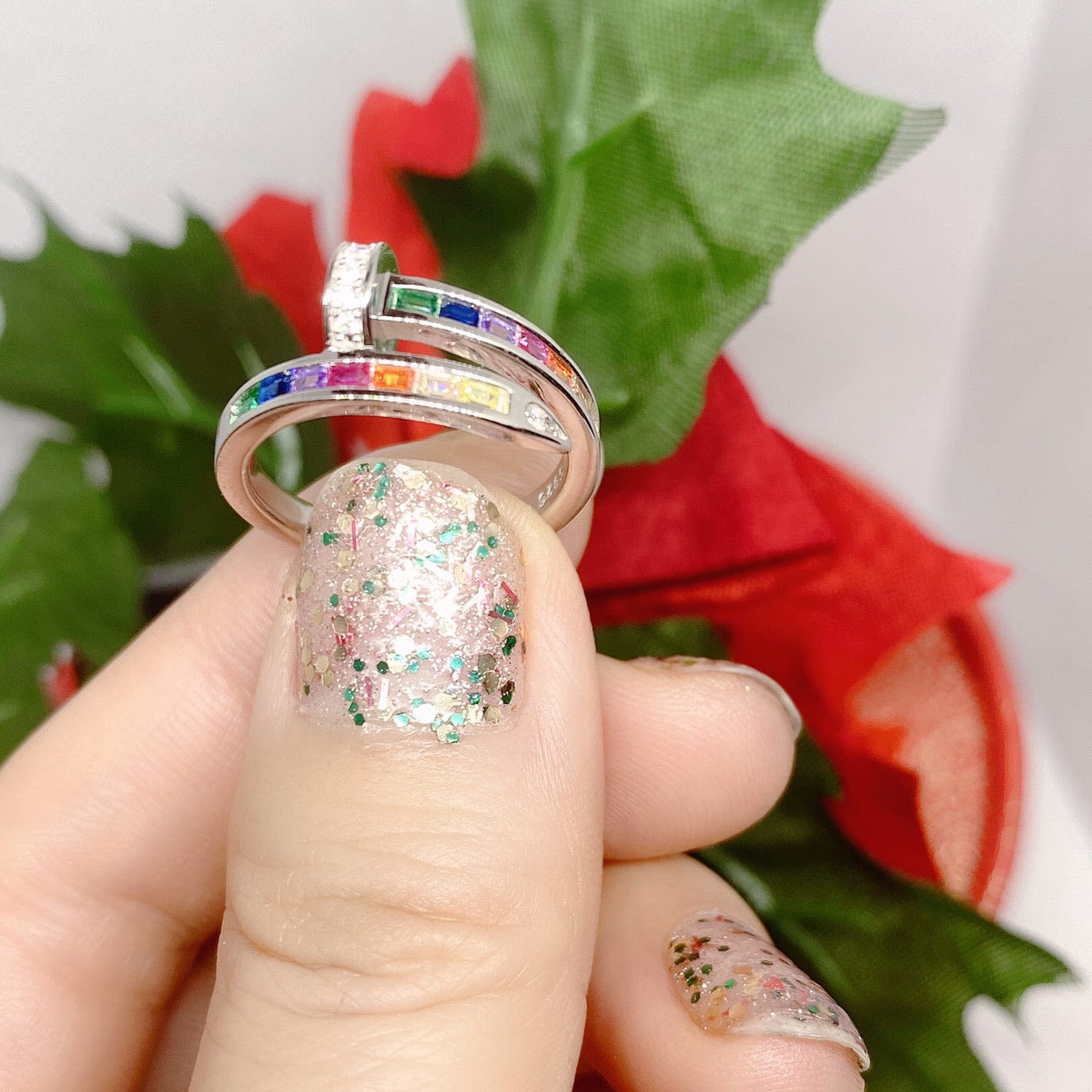Bieauli Ring Rainbow Ring, sterling silver spiral nail ring, multicoloured stones, best friends ring