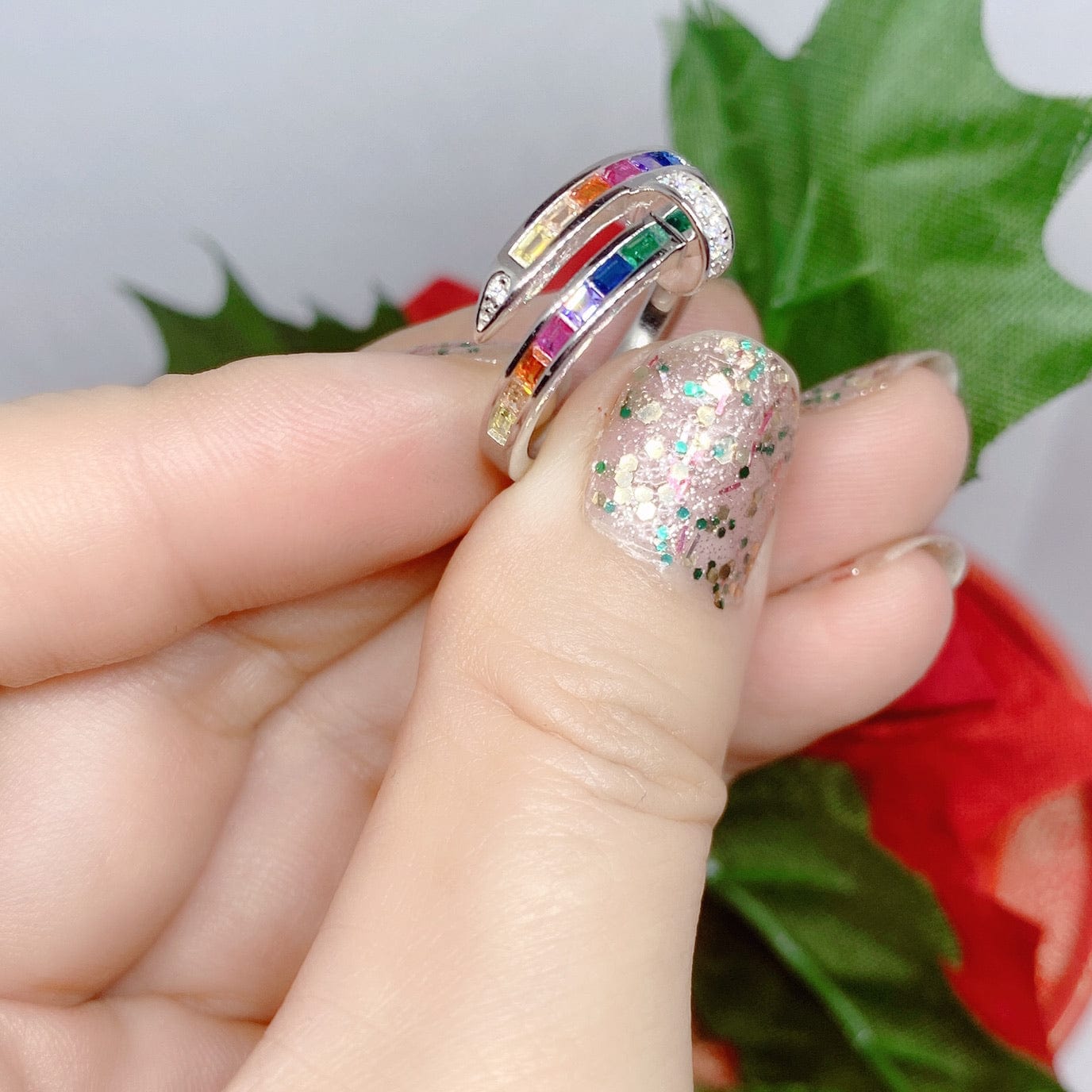 Bieauli Ring Rainbow Ring, sterling silver spiral nail ring, multicoloured stones, best friends ring