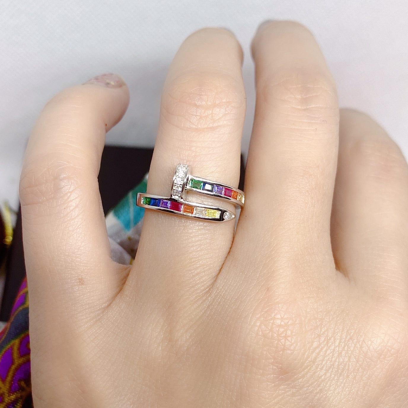 Bieauli Ring Rainbow Ring, sterling silver spiral nail ring, multicoloured stones, best friends ring