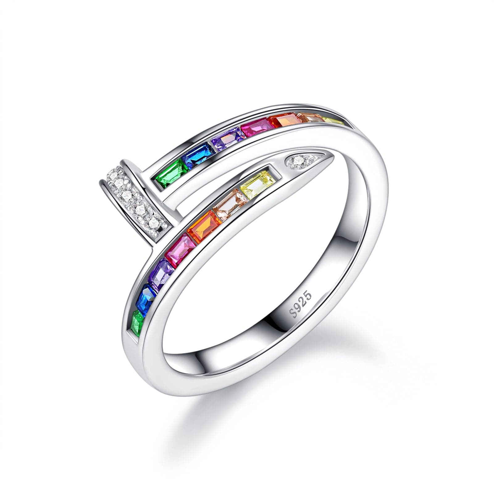 Bieauli Ring Rainbow Ring, sterling silver spiral nail ring, multicoloured stones, best friends ring