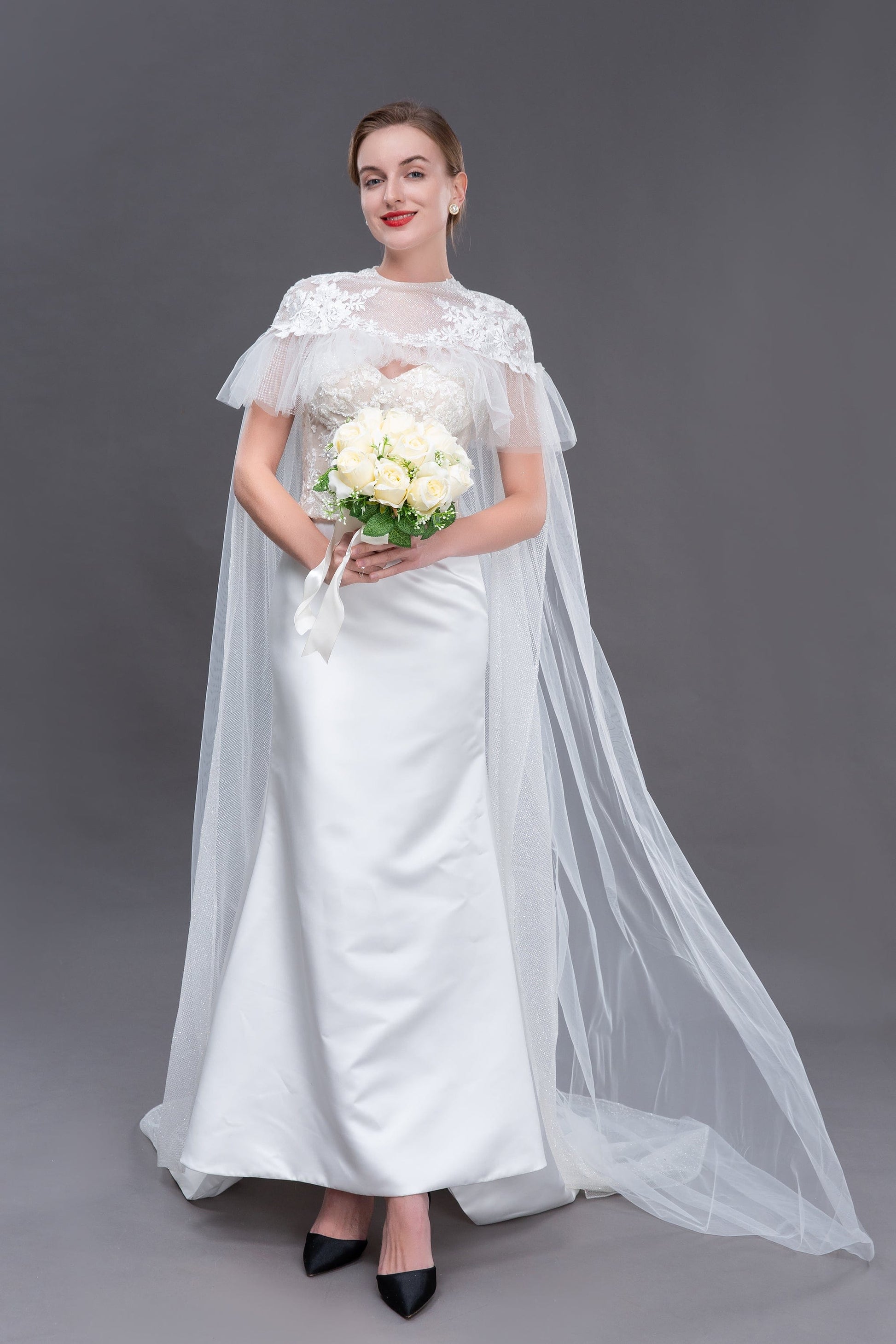 Bieauli  veil ivor wedding cape, elegant lace, tulle cape veil, bridal cape, bridal robe, sheer cover-up,detachable train