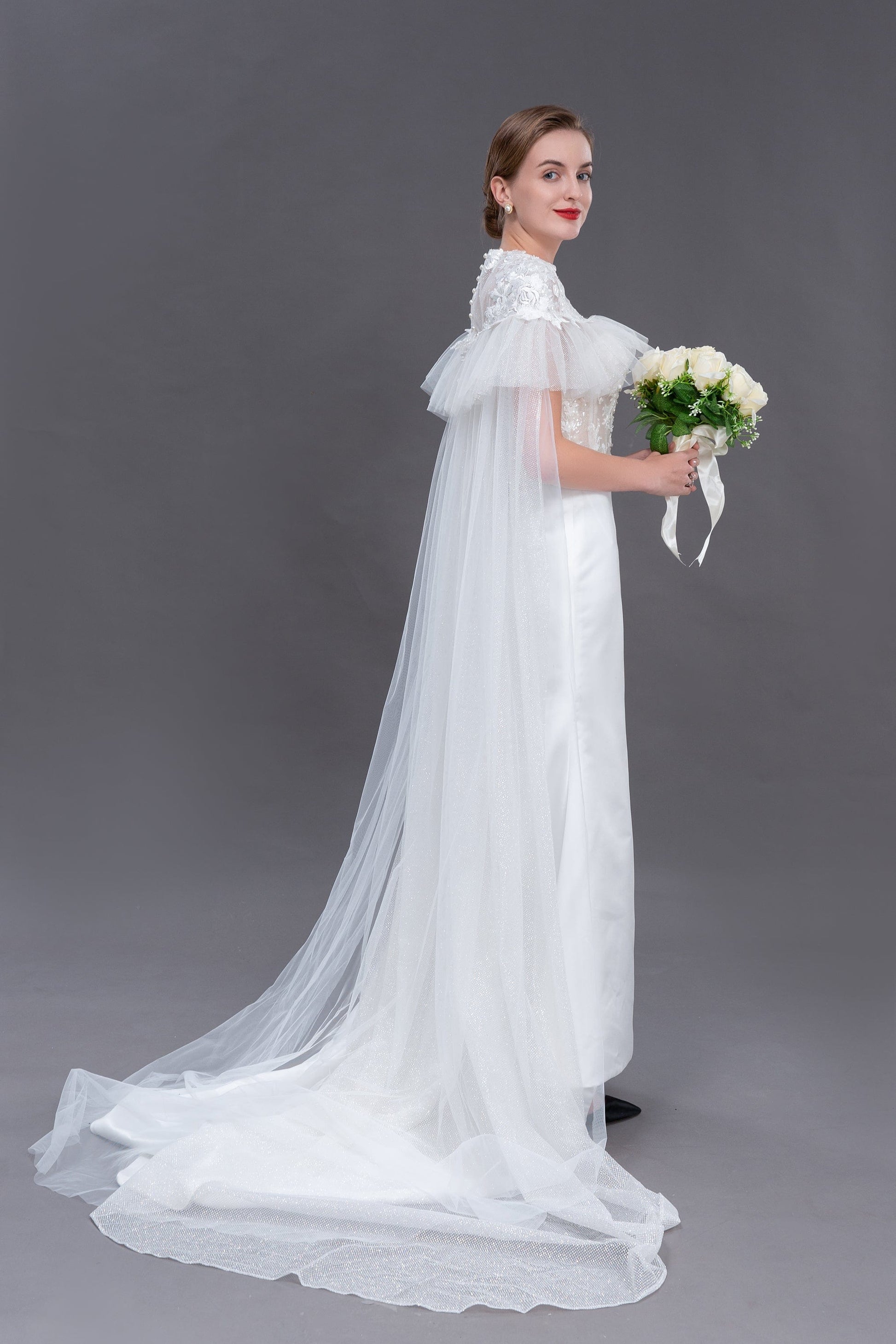 Bieauli  veil ivor wedding cape, elegant lace, tulle cape veil, bridal cape, bridal robe, sheer cover-up,detachable train