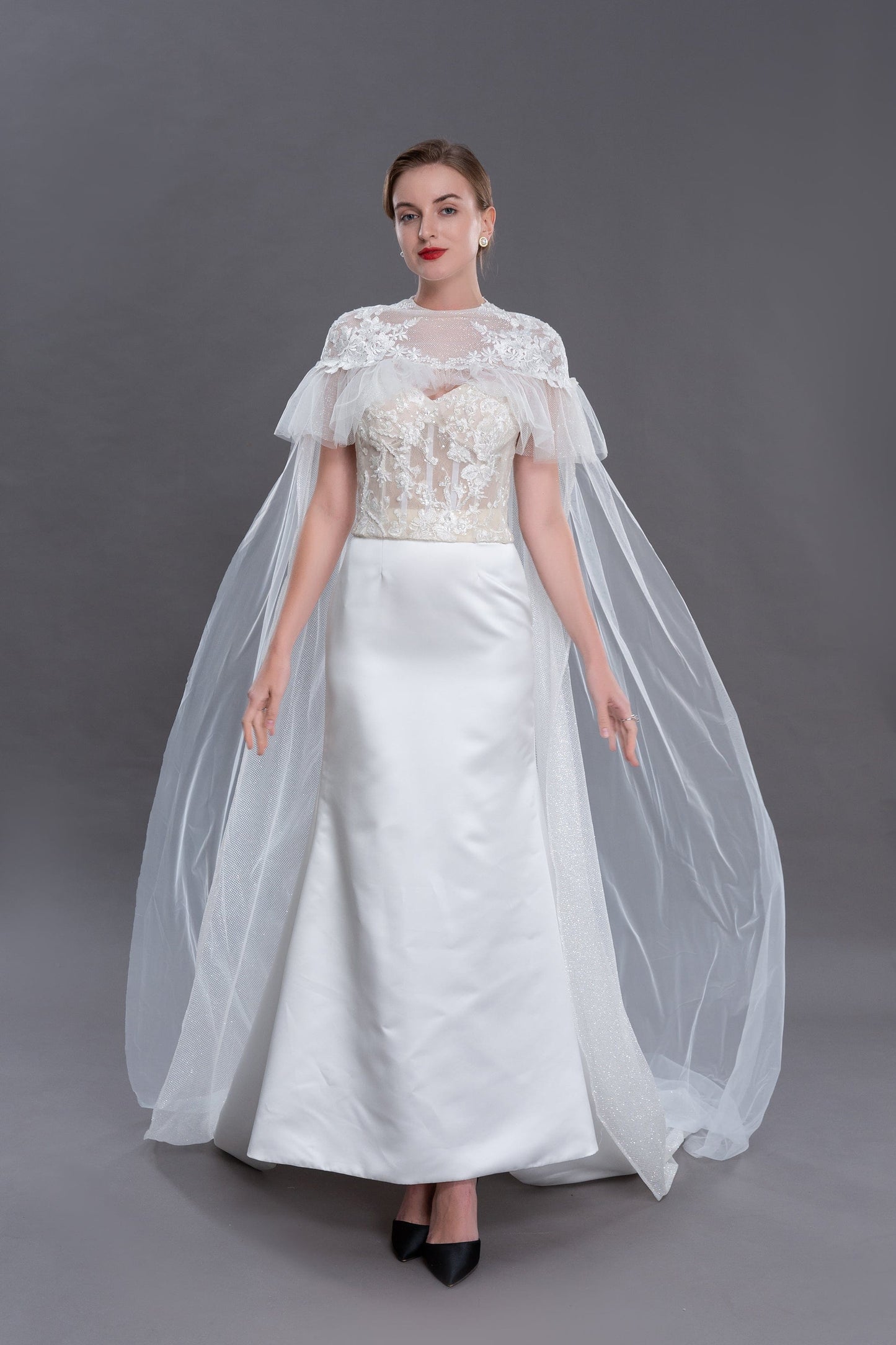 Bieauli  veil ivor wedding cape, elegant lace, tulle cape veil, bridal cape, bridal robe, sheer cover-up,detachable train