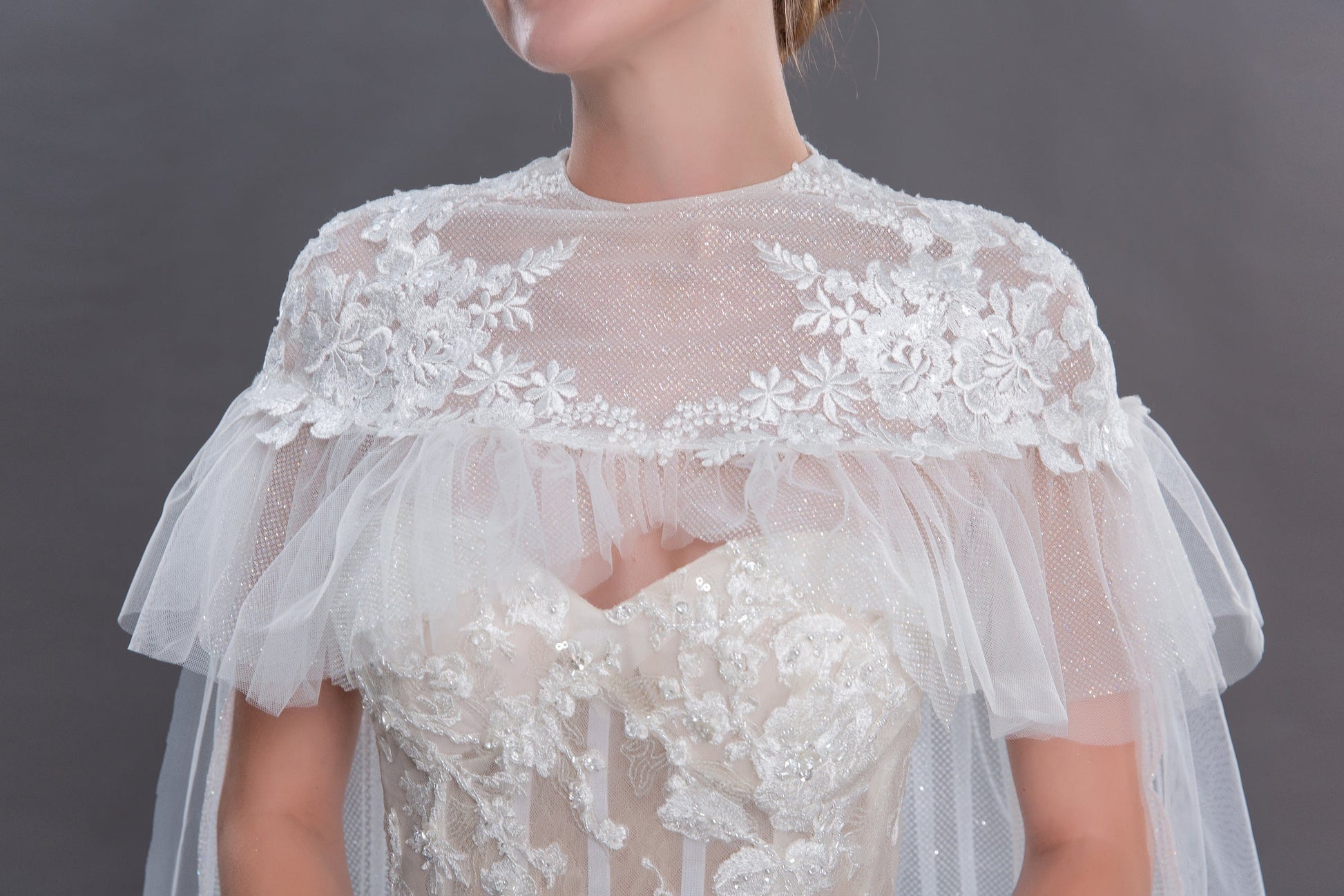 Bieauli  veil ivor wedding cape, elegant lace, tulle cape veil, bridal cape, bridal robe, sheer cover-up,detachable train
