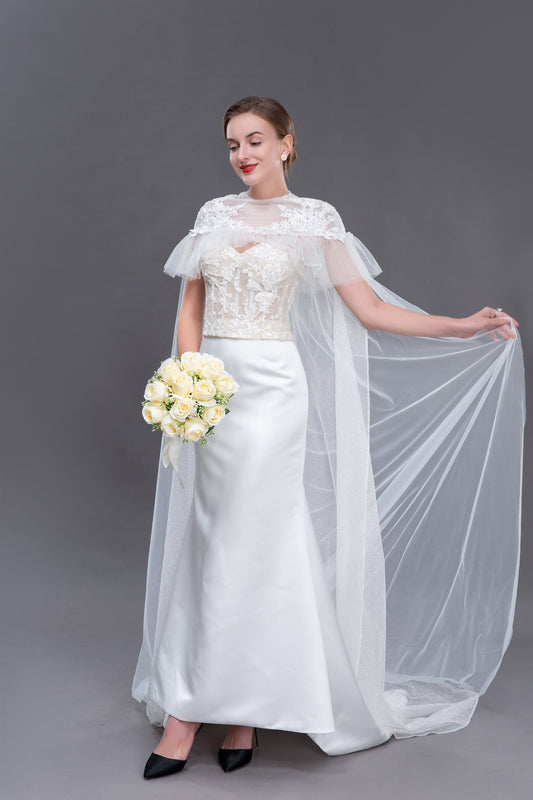 Bieauli  veil ivor wedding cape, elegant lace, tulle cape veil, bridal cape, bridal robe, sheer cover-up,detachable train